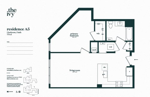 Floor plan for 1 bed, 1 bath, 779 sqft